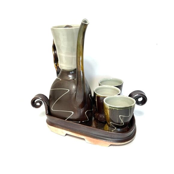 Vintage Alan Willoughboy Handmade Ceramic Coffee Carafe Set Tray & 3 Cups - Picture 4 of 16